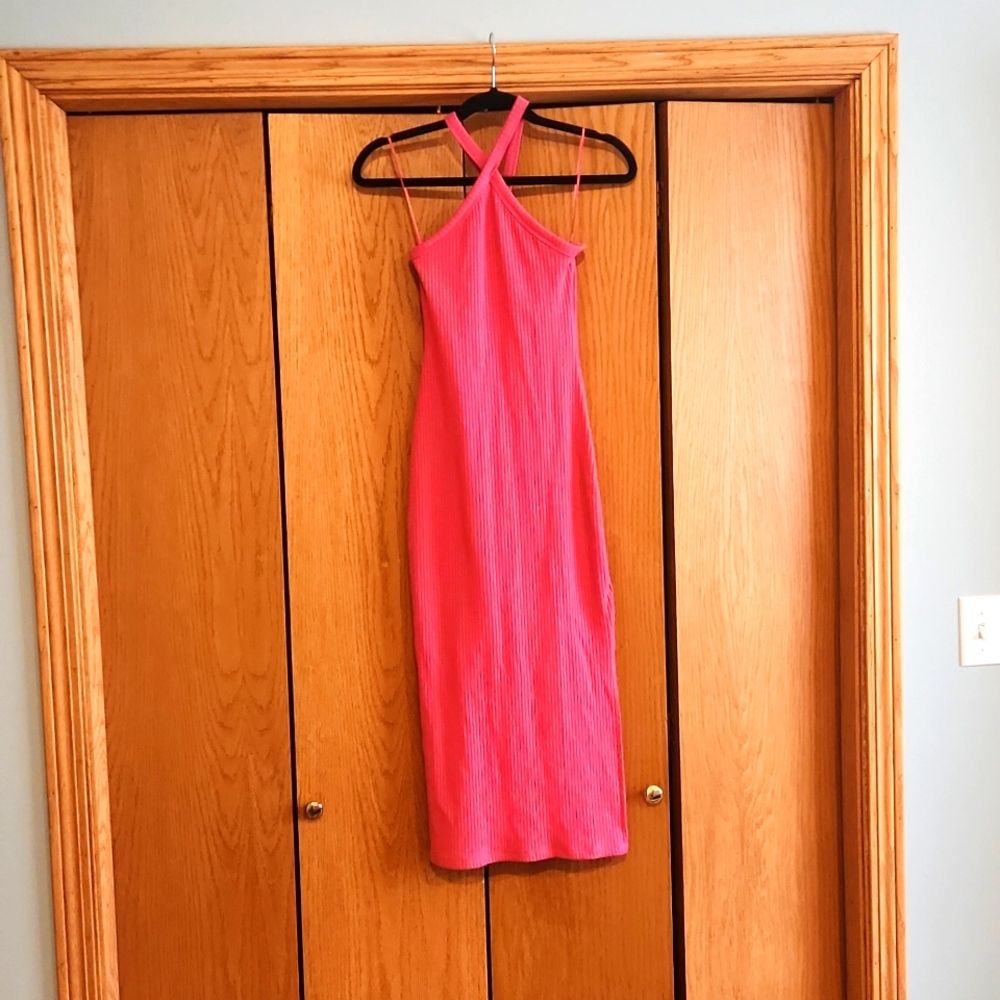 Old Navy Hot Pink Ribbed Halter Midi Dress